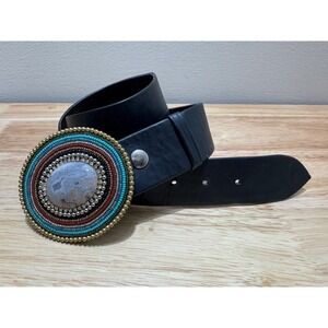 Vintage Mary B Hetz Signed Beaded Stone Belt Buckle on 34" Black Belt